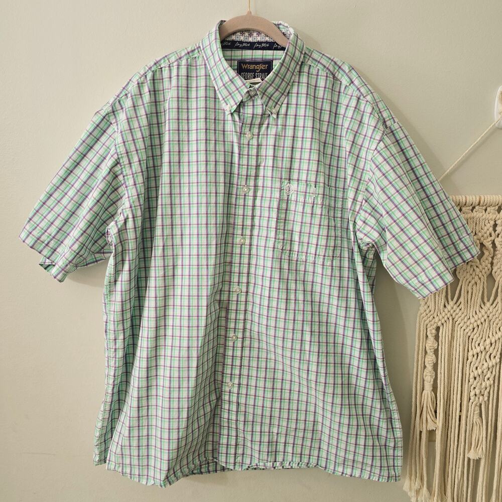 Wrangler George Strait Plaid White Purple Green Bottom Down SS Shirt Size XXL